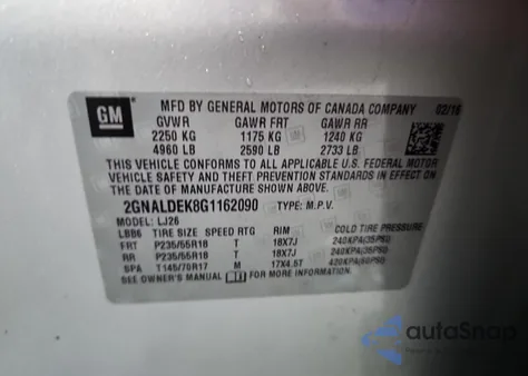 2016 Chevrolet Equinox Ltz from USA, damaged, VIN 2GNALDEK8G1162090